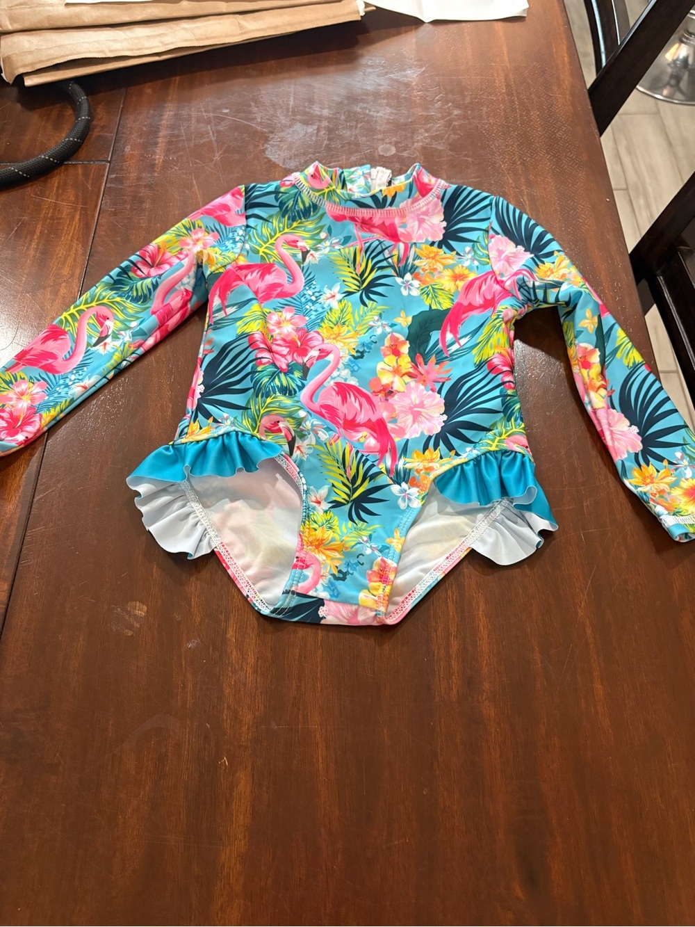Girls' Long Sleeve Flamingo Tropical One-Piece Swimsuit - Pink & Blue